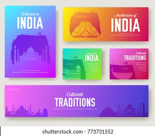 Set of India cultural country and landmarks ornament illustration concept. Art traditional, book, poster, abstract, ottoman motifs, element. Vector indian decorative ethnic greeting card