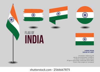 Set of India flag in 5 designs: flag on pole, brush stroke, skew, round and standard. vector, flat, isolated on grey background