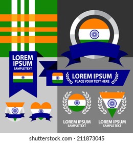 Set of India flag, emblem and pattern background. 