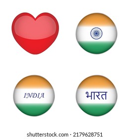 Juego de botones redondos con la bandera de la India con la palabra "India" en hindi e inglés. La señal y símbolo del país. Día de la Independencia.
