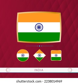 Set of India flags with gold frame for use at sporting events on a burgundy abstract background. Vector collection of flags.