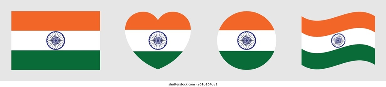 Set of india flags isolated. Indian flags set in square, circle, waving flag and heart shape icons various designs element. Indian flags collection different style. Vector illustration.