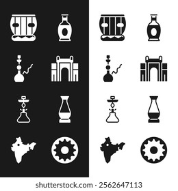 Set India Gate in Delhi, Hookah, Instrument tabla, Indian vase, Chakra and map icon. Vector