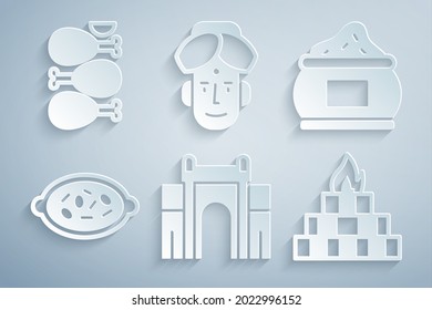 Set India Gate in Delhi, Indian spice, Kheer bowl, Yagna, man and Tandoori chicken icon. Vector