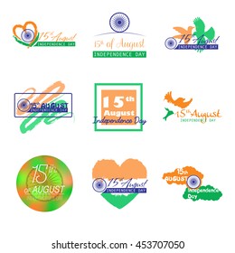 Set of India independence day typographic vector design. Felicitation 15th august. Greeting template for web or print emblem, badge, label, logo design. 