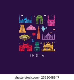 set of india landmark icons royalty free vectors illustration art for Logo, T shirt, banner, card design