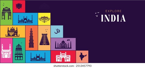 set of india landmark icons royalty free vectors illustration art for Logo, T shirt, banner, card design