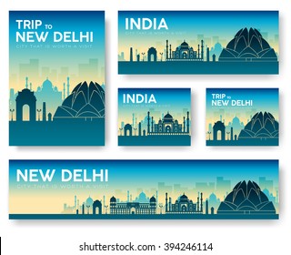 Set of India landscape country ornament travel tour concept. Culture traditional, magazine, book, poster, abstract, element. Vector decorative ethnic greeting card or invitation design background