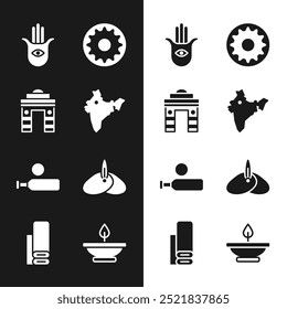 Set Indien Karte, Tor in Delhi, Hamsa Hand, Chakra, Holz Cricket Fledermaus Ball, indische Kopfbedeckung Turban, Aroma Lampe und Textil-Stoff-Symbol. Vektorgrafik