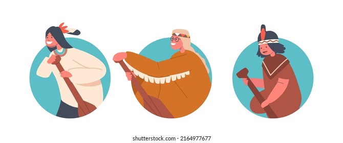 Set of Indian American Indigenous Kids Characters with Paddles Isolated Round Icons or Avatars. Native Aboriginal Children in Tribal Costumes and Headwear with Feathers. Cartoon Vector Illustration