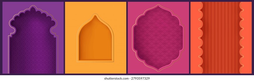 Set of Indian, Arabic, oriental frames. Colorful cover, holiday card design. Geometric arc, frame, mirror. Paper cut style. 
