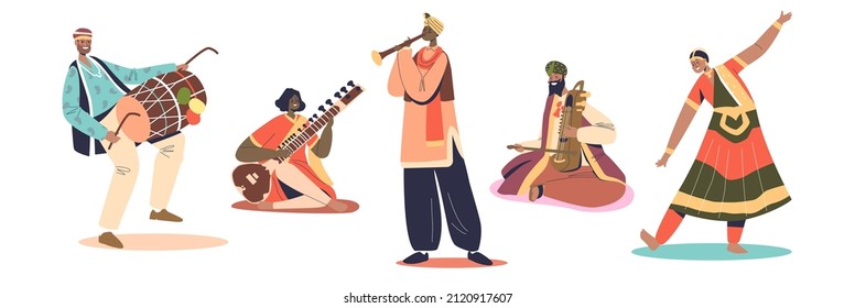 Set of indian artists men musicians playing on traditional musical instruments and dancers for wedding ceremony. India culture, art and music concept. Cartoon flat vector illustration svg