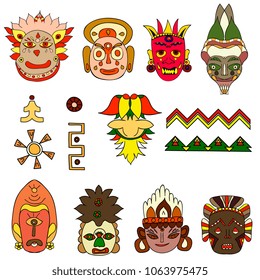  Set of Indian aztec and  African Ethnic Tribal masks on white background and elements.. Isolated on white background. Vector illustration.