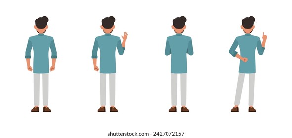 Set of Indian businessman back view wear blue shirt character vector illustration design. Presentation in various action. People working in office planning, thinking and economic analysis. 