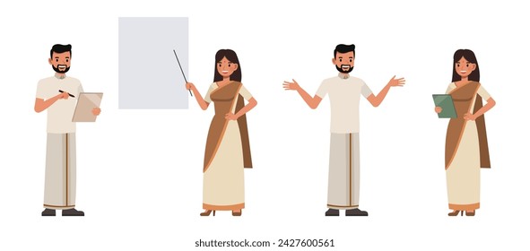 Set of Indian Businessman and businesswoman presentation character vector design. Presentation in various action. People working in office planning, thinking and economic analysis.