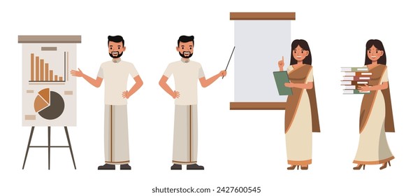Set of Indian Businessman and businesswoman presenting graph on whiteboard character vector design. Presentation in various action. People working in office planning, thinking and economic analysis.