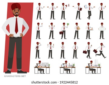 Set of Indian businessman character vector design. Presentation in various action with emotions, running, standing and walking. People working in office planning, thinking and economic analysis.