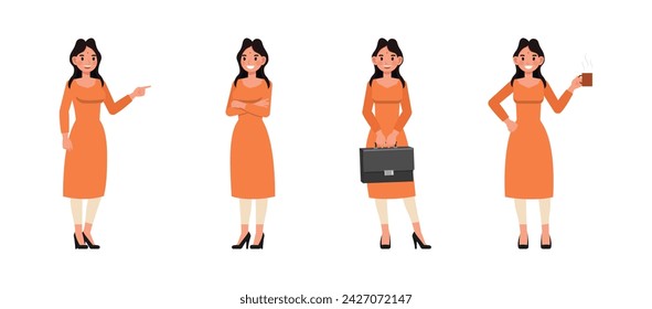 Set of Indian businesswoman wear orange dress character vector illustration design. Presentation in various action. People working in office planning, thinking and economic analysis. 