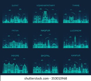 Set of Indian cities skylines. Surat, Visakhapatnam, Thane, Patna, Nagpur, Lucknow, Indore, Bhopal, Kanpur. Trendy vector illustration, linear style.