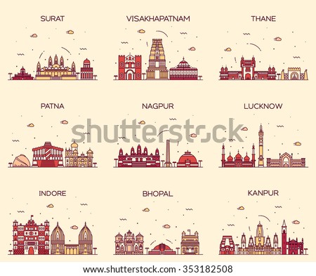 Set of Indian cities skylines. Surat, Visakhapatnam, Thane, Patna, Nagpur, Lucknow, Indore, Bhopal, Kanpur. Trendy vector illustration, linear style.