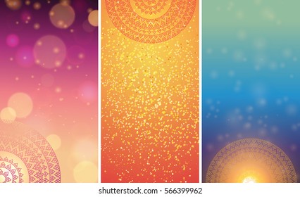 Set Of Indian Country Ornament Illustration Concept. Ethnic & Colorful Henna Mandala Design, On Festive And Glitter Bokeh Background.