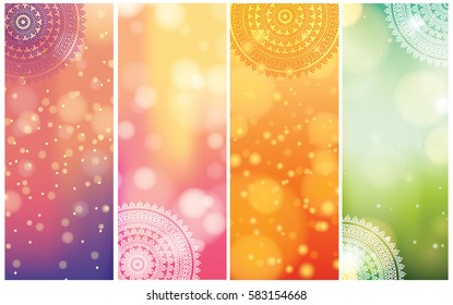 Set of Indian country ornament illustration concept. Ethnic & Colorful Henna Mandala design, on festive and glitter bokeh background.