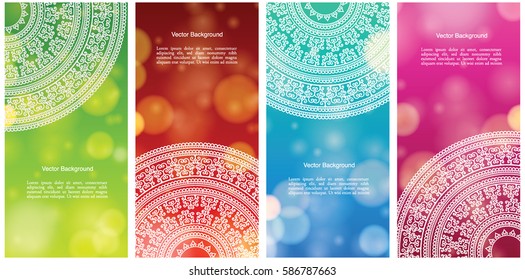 Set of Indian country ornament illustration concept. Ethnic & Colorful Henna Mandala design, on festive and glitter bokeh background. Design for poster, card, invitation, placard, brochure, flyer.