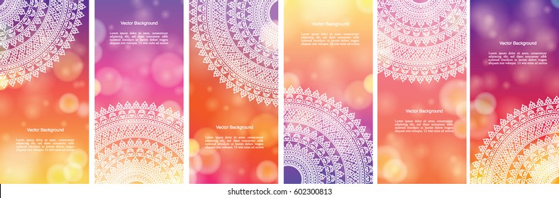 Set of Indian country ornament illustration concept. Colorful Mandala design, on festive and glitter bokeh background.