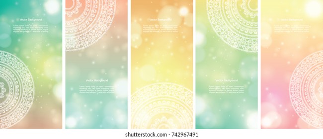 Set of Indian country ornament illustration concept. Ethnic & Colorful Henna Mandala design, on festive and glitter bokeh background.