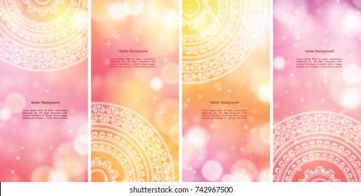 Set of Indian country ornament illustration concept. Ethnic & Colorful Henna Mandala design, on festive and glitter bokeh background.