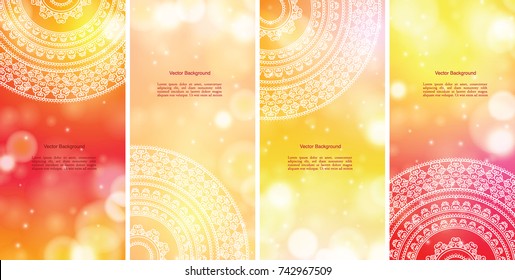 Set of Indian country ornament illustration concept. Ethnic & Colorful Henna Mandala design, on festive and glitter bokeh background.