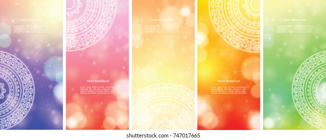 Set of Indian country ornament illustration concept banners. Ethnic & Colorful Henna Mandala design, on festive and glitter bokeh background.