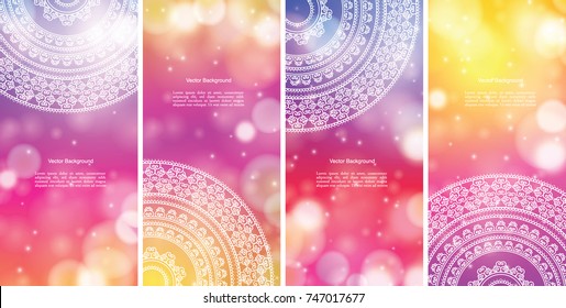 Set of Indian country ornament illustration concept banners. Ethnic & Colorful Henna Mandala design, on festive and glitter bokeh background.