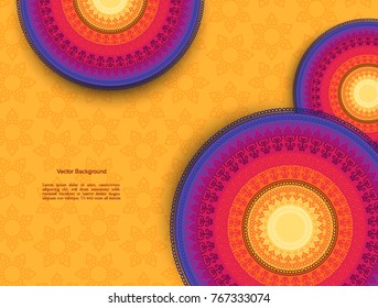 Set of Indian country ornament illustration concept. Ethnic & Colorful Henna Mandala design, on festive and glitter bokeh background.