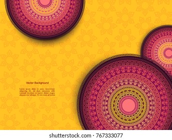 Set Of Indian Country Ornament Illustration Concept. Ethnic & Colorful Henna Mandala Design, On Festive And Glitter Bokeh Background.