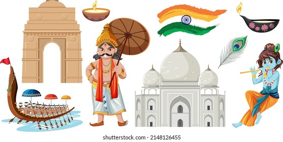 Set of Indian culture objects and symbols illustration