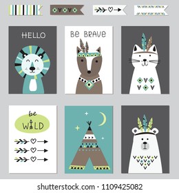 Set of Indian Cute Animals for poster templates, greetings cards. Vector illustration