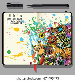 Set of  Indian Elements and Symbols. Vector Notebook with Fine Liner Pen and Doodles. Hand Drawn illustration with Text.