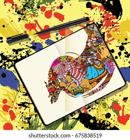 Set of  Indian Elements and Symbols. Vector Notebook with Fine Liner Pen and Doodles. Hand Drawn illustration with Colored Spray Vector Texture.