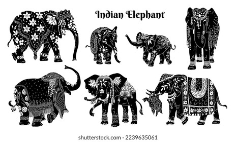 Set von indischen Elefanten Silhouetten flach, Vektorgrafik einzeln auf weißem Hintergrund. Enge Kollektion dekorierter Tiere, Schals und Teppiche, Designelemente