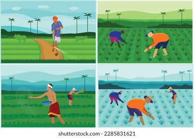 set of Indian farm with field and people illustration of flat style vector fully editable