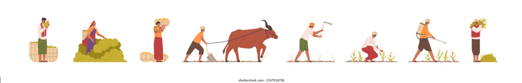 Set of Indian farmers in traditional clothes vector flat illustration. Collection of rural man and woman plowing field by cow, collect, carry, watering and mowing harvest. Agricultural workers