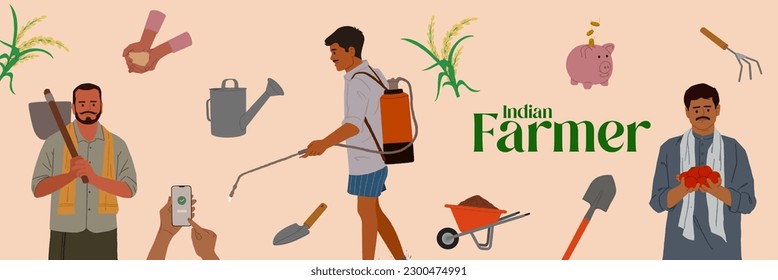 Set of Indian farmers in traditional clothes vector flat illustration. Collection of rural mens. Agricultural elements and workers. 