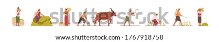 Set of Indian farmers in traditional clothes vector flat illustration. Collection of rural man and woman plowing field by cow, collect, carry, watering and mowing harvest. Agricultural workers