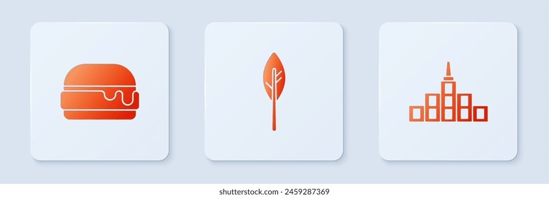 Set Indian feather, Burger and City landscape. White square button. Vector