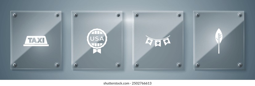 Set Indian feather, Carnival garland with flags, Medal star and Taxi car roof. Square glass panels. Vector
