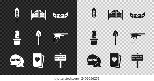 Set Indian feather, Saloon door, Kayak canoe and paddle, Bang boom, gun Comic, Deck of play cards, Road Traffic Signpost, Cactus peyote pot y Shovel icon. Vector