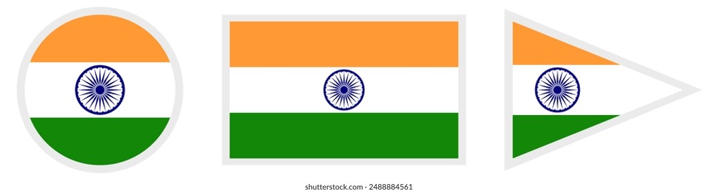 Set of Indian flag icons in various shapes – circular, rectangular, and triangular pennant. Each icon features the traditional tricolor (saffron, white, and green) with the Ashoka Chakra