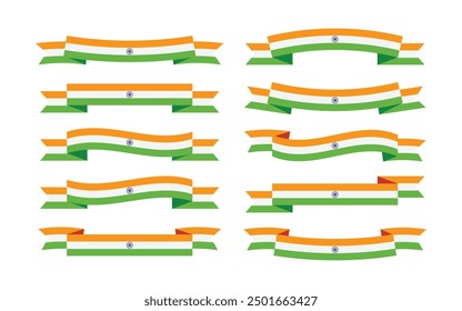 Set of Indian flag ribbons. Set of flag ribbon with colors of India for independence day celebration decoration. Big collection india flag ribbon vector illustration.