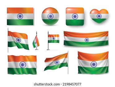 Set Indian flags, 3d banners, banners, symbols, flat icon. Vector illustration of collection Indis